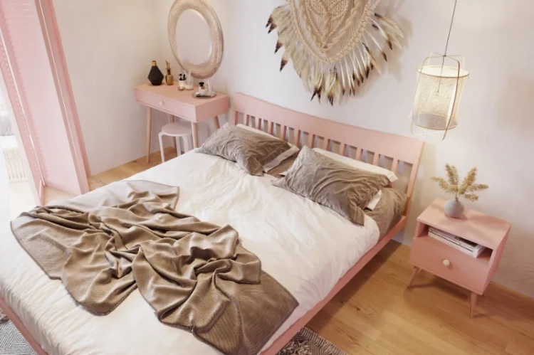szafka nocna Powder Harmony, stolik nocny boho z sznurkowym uchwytem, szafka z drewnianymi nóżkami, szafka w stylu boho róż naturalny, szafka z szufladą i półką