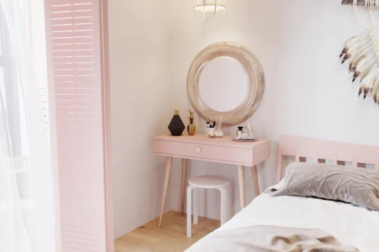 mini biurko Powder Harmony róż naturalny, konsola boho z szufladą, kompaktowe biurko na drewnianych nóżkach, toaletka w stylu boho, stolik z cichym domykiem