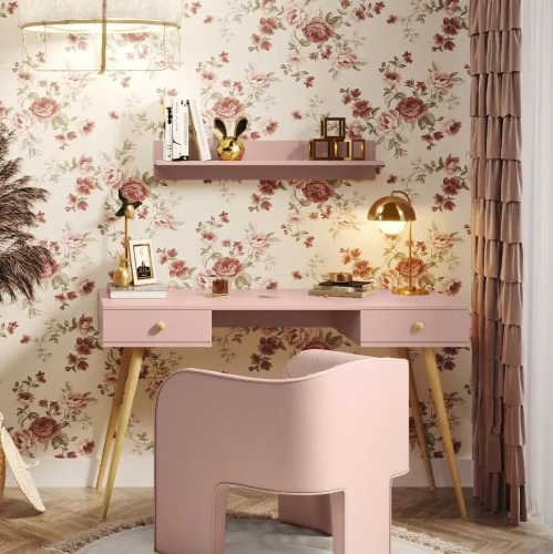 biurko Powder Harmony pudrowy róż, minimalistyczne biurko skandynawskie, biurko z drewnianymi nóżkami, biurko z szufladami i cichym domykiem, biurko w stylu skandynawskim