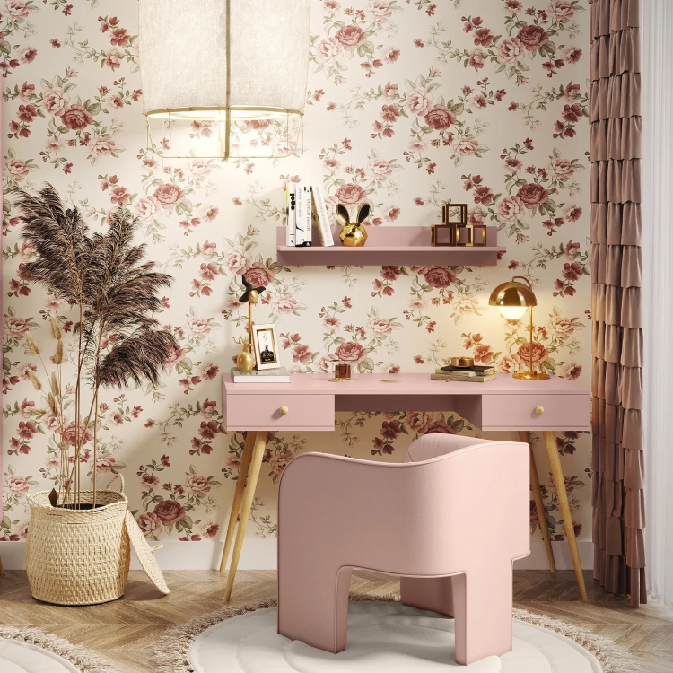 biurko Powder Harmony pudrowy róż, minimalistyczne biurko skandynawskie, biurko z drewnianymi nóżkami, biurko z szufladami i cichym domykiem, biurko w stylu skandynawskim