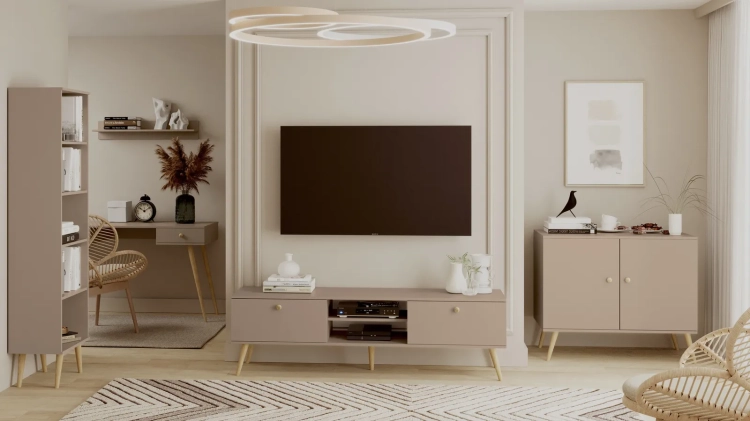 komoda Beige Harmony niska, komoda beżowa do pokoju dzieci, minimalistyczna komoda, komoda RTV w kolorze kawy z mlekiem, komoda dla dzieci i nastolatków
