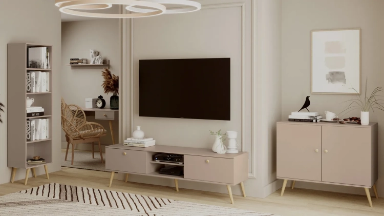 komoda Beige Harmony niska, komoda beżowa do pokoju dzieci, minimalistyczna komoda, komoda RTV w kolorze kawy z mlekiem, komoda dla dzieci i nastolatków
