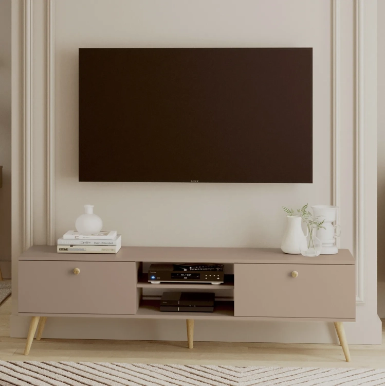 komoda Beige Harmony niska, komoda beżowa do pokoju dzieci, minimalistyczna komoda, komoda RTV w kolorze kawy z mlekiem, komoda dla dzieci i nastolatków