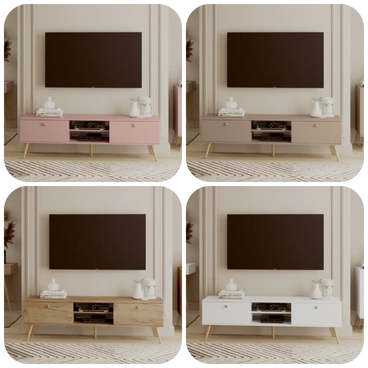 komoda Beige Harmony niska, komoda beżowa do pokoju dzieci, minimalistyczna komoda, komoda RTV w kolorze kawy z mlekiem, komoda dla dzieci i nastolatków