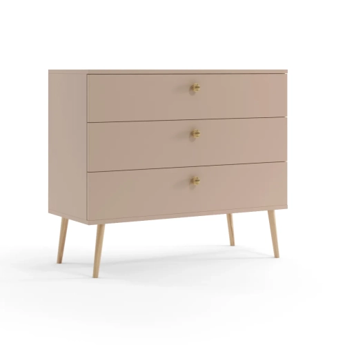 komoda Beige Harmony, komoda w stylu boho, komoda skandynawska z drewnianymi nóżkami, komoda z cichym domykiem, stylowa komoda w odcieniu cappuccino