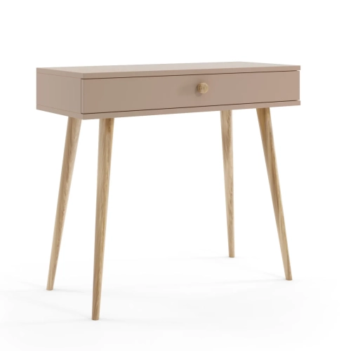 mini biurko Beige Harmony, biurko beżowe w odcieniu cappuccino, minimalistyczne biurko do małych pomieszczeń, biurko skandynawskie z cichym domykiem