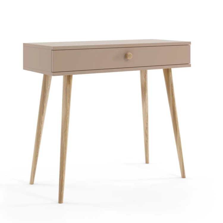 mini biurko Beige Harmony, biurko beżowe w odcieniu cappuccino, minimalistyczne biurko do małych pomieszczeń, biurko skandynawskie z cichym domykiem