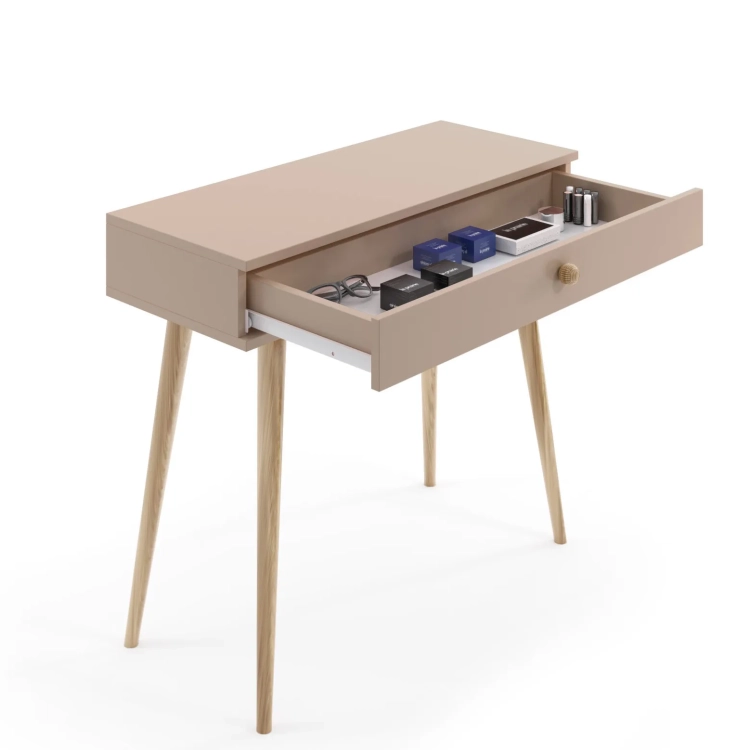 mini biurko Beige Harmony, biurko beżowe w odcieniu cappuccino, minimalistyczne biurko do małych pomieszczeń, biurko skandynawskie z cichym domykiem