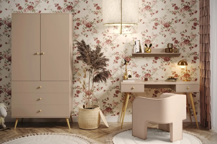 szafa Beige Harmony, szafa w odcieniu cappuccino, szafa skandynawska z półkami i szufladami, szafa boho z cichym domykiem, szafa do sypialni