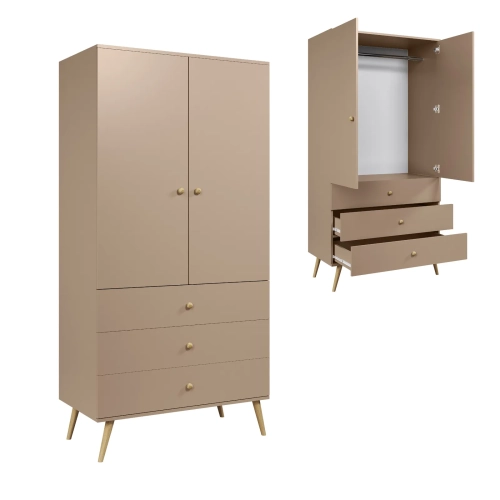 szafa Beige Harmony, szafa w odcieniu cappuccino, szafa skandynawska z półkami i szufladami, szafa boho z cichym domykiem, szafa do sypialni