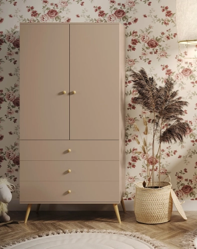 szafa Beige Harmony, szafa w odcieniu cappuccino, szafa skandynawska z półkami i szufladami, szafa boho z cichym domykiem, szafa do sypialni