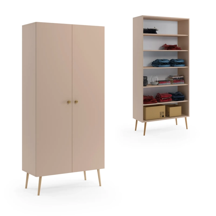 szafa Beige Harmony 2, szafa beżowa z półkami, minimalistyczna szafa w odcieniu cappuccino, szafa boho z jutowymi uchwytami, szafa do pokoju dzieci i nastolatków