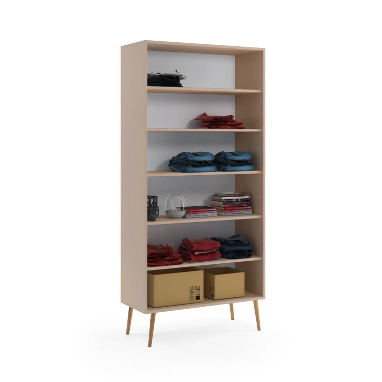 szafa Beige Harmony 2, szafa beżowa z półkami, minimalistyczna szafa w odcieniu cappuccino, szafa boho z jutowymi uchwytami, szafa do pokoju dzieci i nastolatków