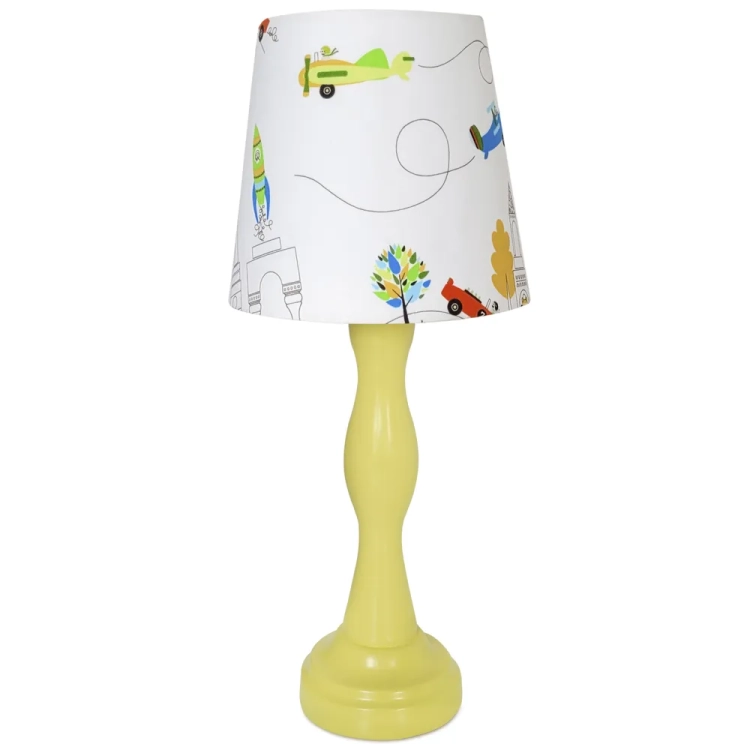 lampka nocna Sky&Road, lampka dla chłopca z motywem samochodów i samolotów, lampka na drewnianej podstawie, lampka dziecięca z kolorowym abażurem, lampka nocna w stylu motoryzacyjnym