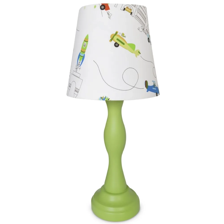 lampka nocna Sky&Road, lampka dla chłopca z motywem samochodów i samolotów, lampka na drewnianej podstawie, lampka dziecięca z kolorowym abażurem, lampka nocna w stylu motoryzacyjnym