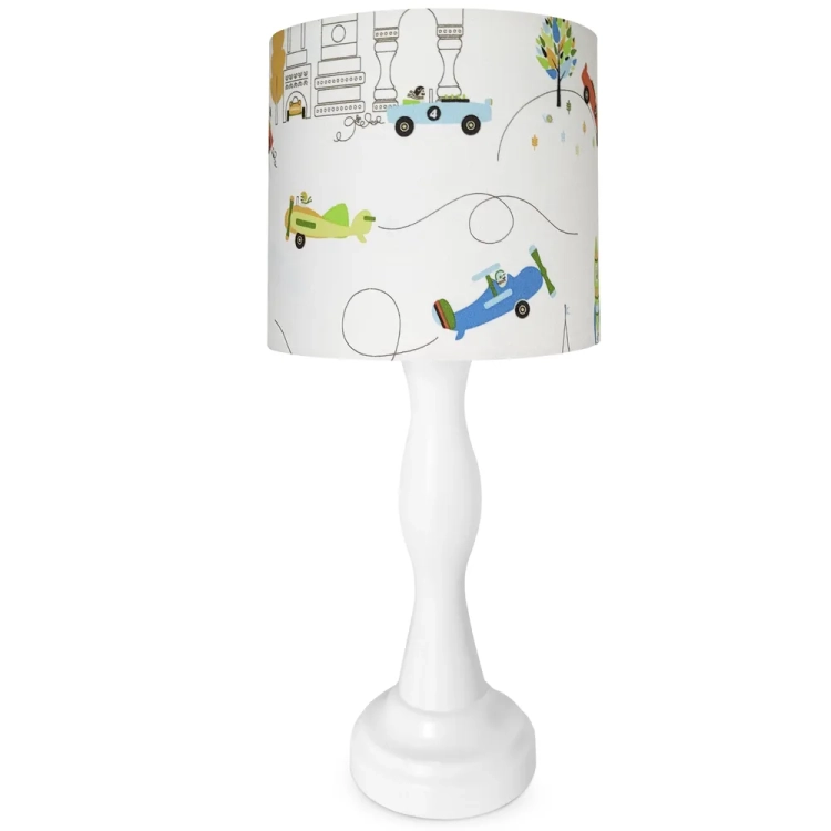 lampka nocna Sky&Road, lampka dla chłopca z motywem samochodów i samolotów, lampka na drewnianej podstawie, lampka dziecięca z kolorowym abażurem, lampka nocna w stylu motoryzacyjnym