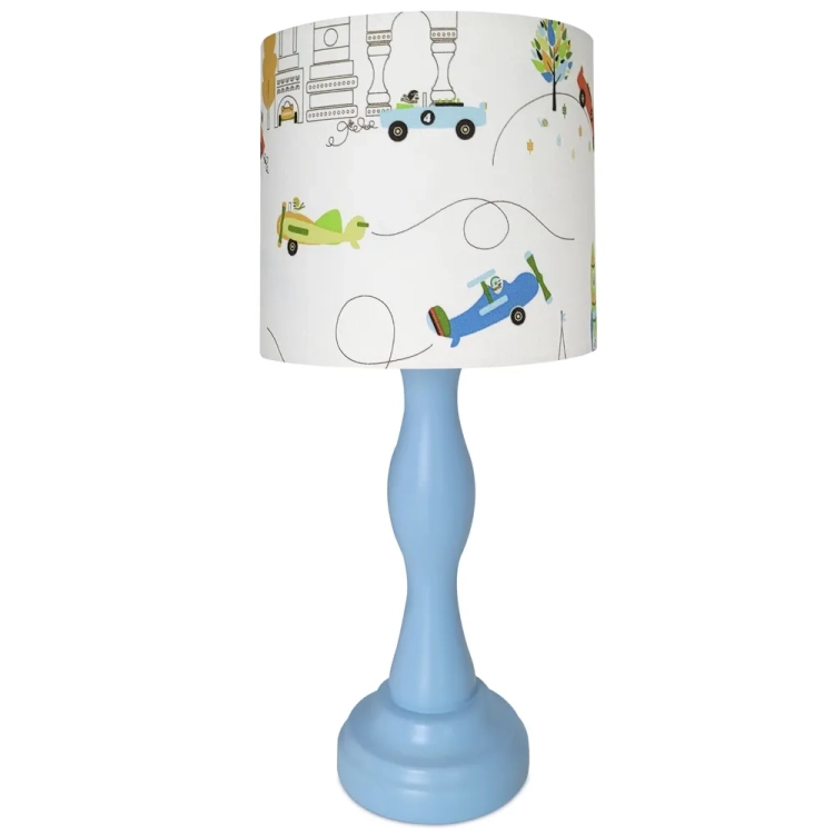 lampka nocna Sky&Road, lampka dla chłopca z motywem samochodów i samolotów, lampka na drewnianej podstawie, lampka dziecięca z kolorowym abażurem, lampka nocna w stylu motoryzacyjnym