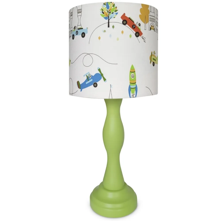 lampka nocna Sky&Road, lampka dla chłopca z motywem samochodów i samolotów, lampka na drewnianej podstawie, lampka dziecięca z kolorowym abażurem, lampka nocna w stylu motoryzacyjnym