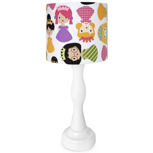 lampka nocna "Princess Dreams" dla dziewczynki, pastelowa lampka z księżniczkami, lampka na komodę z motywem księżniczek, lampa dziecięca z drewnianą podstawą, abażur z księżniczkami