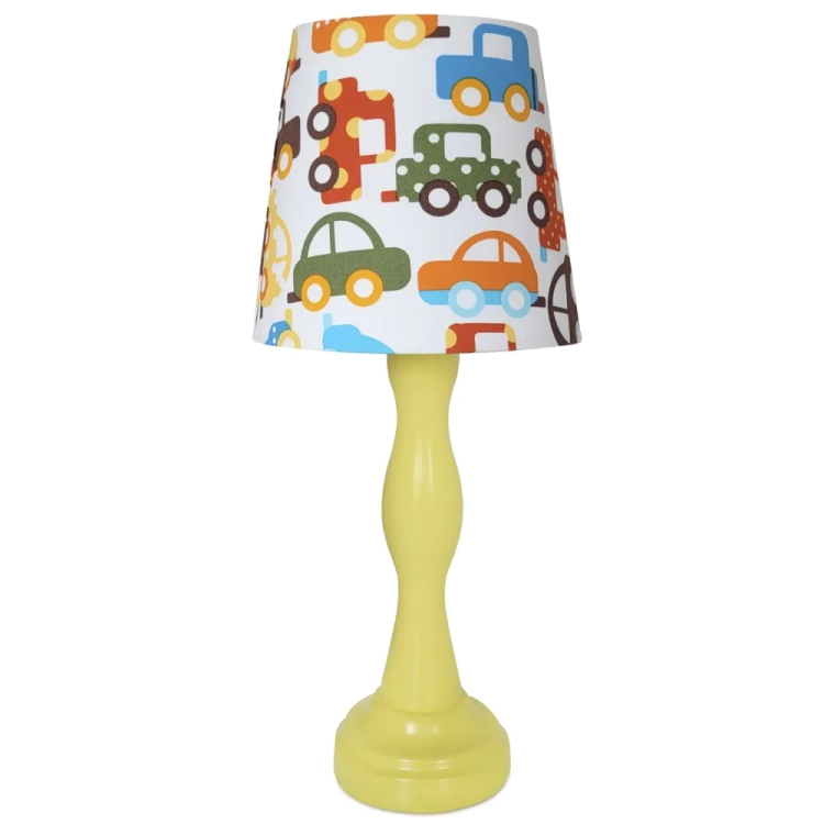lampka nocna z motywem samochodzików "Car Adventures", kolorowa lampka dla chłopca, lampka z abażurem stożek i walec