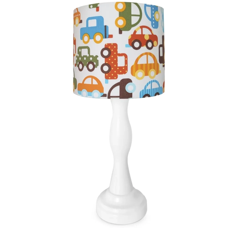 lampka nocna z motywem samochodzików "Car Adventures", kolorowa lampka dla chłopca, lampka z abażurem stożek i walec