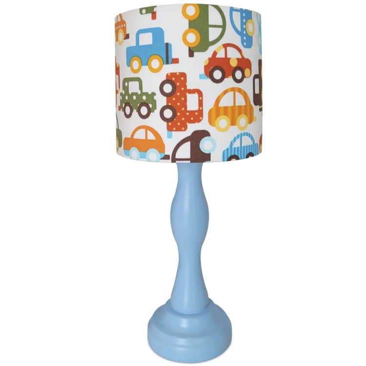 lampka nocna z motywem samochodzików "Car Adventures", kolorowa lampka dla chłopca, lampka z abażurem stożek i walec