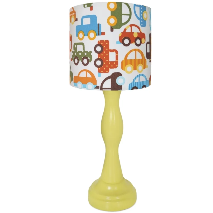 lampka nocna z motywem samochodzików "Car Adventures", kolorowa lampka dla chłopca, lampka z abażurem stożek i walec