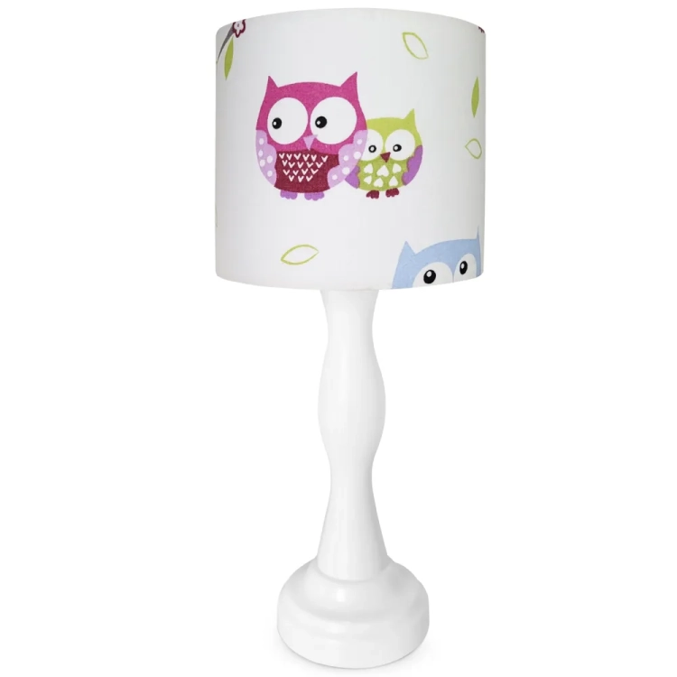 lampka nocna Wise Owl, lampka dziecięca z sowami, lampka z abażurem w błękitne sówki, lampka z drewnianą podstawą, lampka nocna do pokoju dziecka