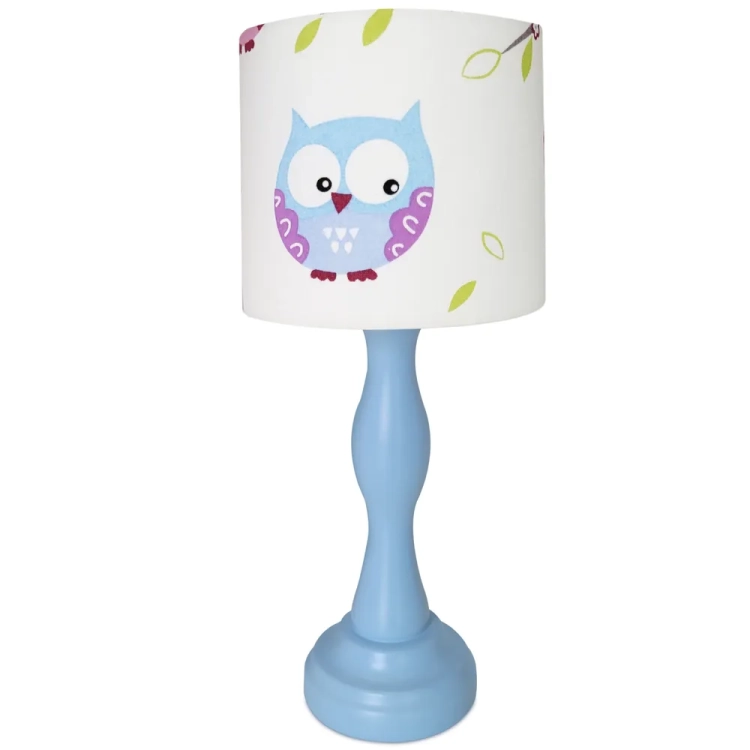 lampka nocna Wise Owl, lampka dziecięca z sowami, lampka z abażurem w błękitne sówki, lampka z drewnianą podstawą, lampka nocna do pokoju dziecka