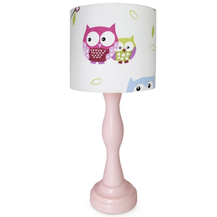 lampka nocna Wise Owl, lampka dziecięca z sowami, lampka z abażurem w błękitne sówki, lampka z drewnianą podstawą, lampka nocna do pokoju dziecka