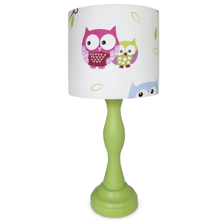 lampka nocna Wise Owl, lampka dziecięca z sowami, lampka z abażurem w błękitne sówki, lampka z drewnianą podstawą, lampka nocna do pokoju dziecka