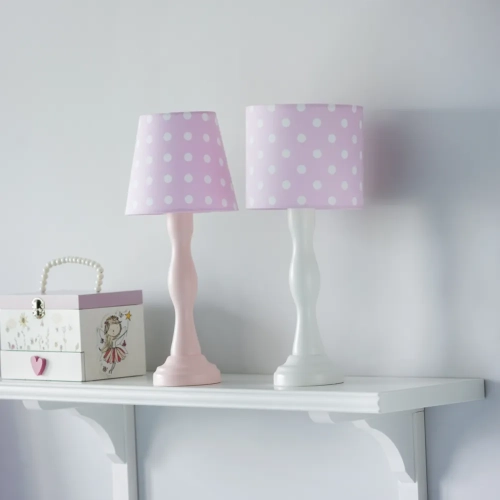 różowa lampka nocna Polka Dot Pink w białe kropeczki, pastelowa lampka dla dziewczynki, dekoracyjna lampka stożek lub walec