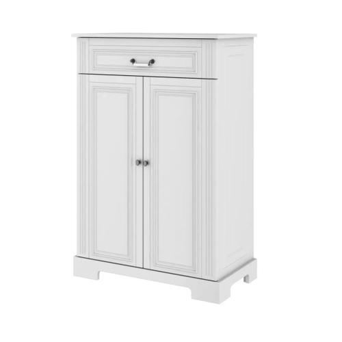 Wysoka komoda Ines Elegant White w stylu angielskim, z frezowanymi uchwytami, w kolorze złamanej bieli.