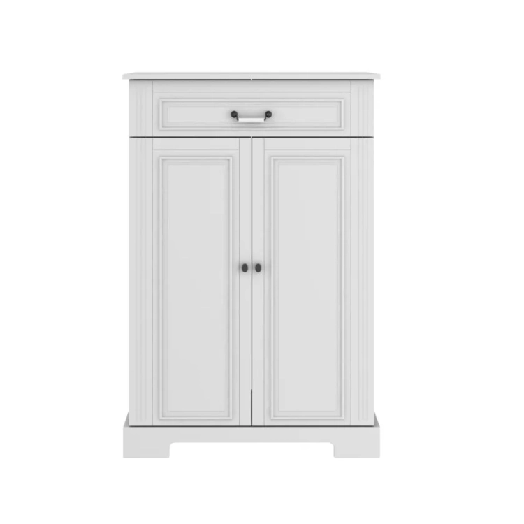 Wysoka komoda Ines Elegant White w stylu angielskim, z frezowanymi uchwytami, w kolorze złamanej bieli.