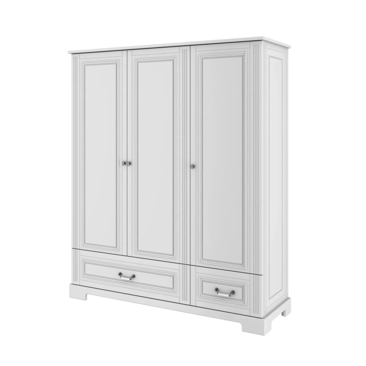 szafa trzydrzwiowa biała klasyczna, szafa w stylu Hamptons, pojemna szafa dla rodziny, elegancka szafa z porcelanowymi uchwytami, szafa Ines z regulowanymi półkami