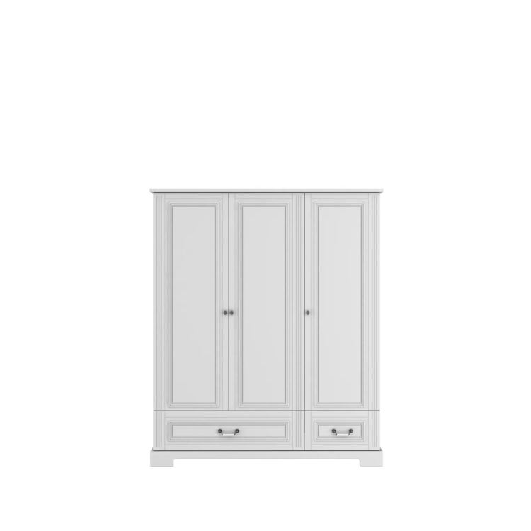 szafa trzydrzwiowa biała klasyczna, szafa w stylu Hamptons, pojemna szafa dla rodziny, elegancka szafa z porcelanowymi uchwytami, szafa Ines z regulowanymi półkami