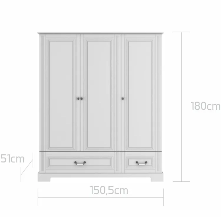 szafa trzydrzwiowa biała klasyczna, szafa w stylu Hamptons, pojemna szafa dla rodziny, elegancka szafa z porcelanowymi uchwytami, szafa Ines z regulowanymi półkami