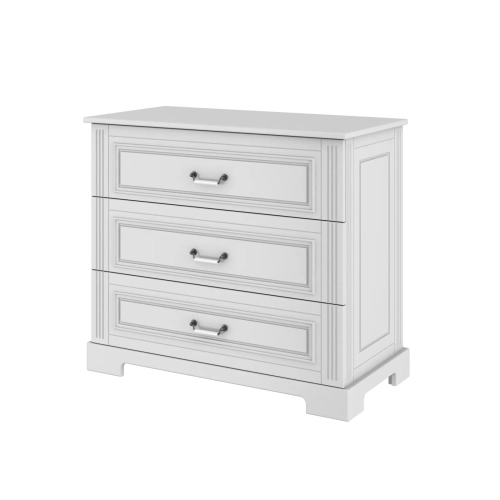 Komoda 3-szufladowa Ines Elegant White z porcelanowymi uchwytami i frezowanymi frontami w kolorze złamanej bieli