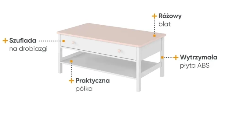 stolik do przyjmowania koleżanek dla dziewczynki, luna biel z różem