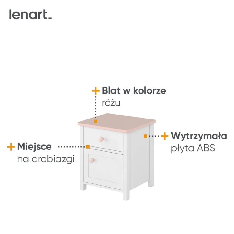 Biała szafka nocna Luna z różowymi detalami i szufladą do pokoju dziewczynki