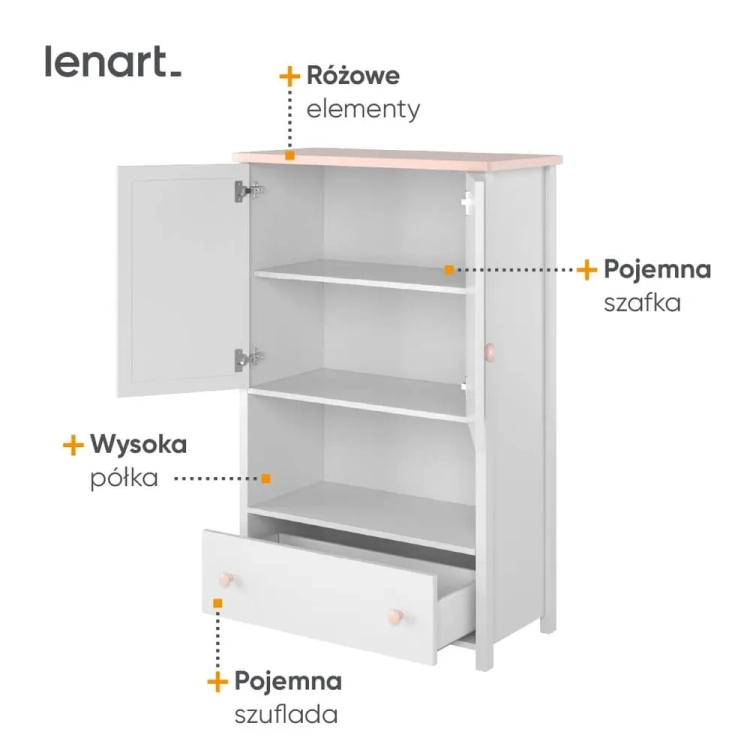Komoda wysoka Luna biały różowy z szafką, półkami i szufladą do pokoju dziewczynki