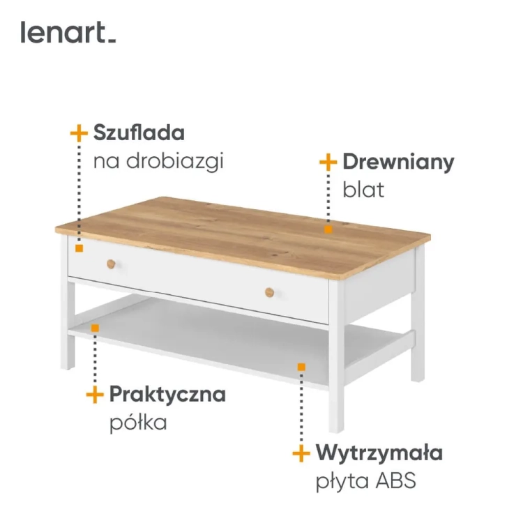 Stolik kawowy Story biały z dębowymi detalami i szufladą do pokoju młodzieżowego