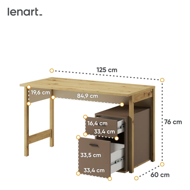 Nowoczesne biurko młodzieżowe Lenny w kolorach dąb artisan, beż i truflowy, z dwiema szufladami i półką, idealne do pokoju dziecka i nastolatka.