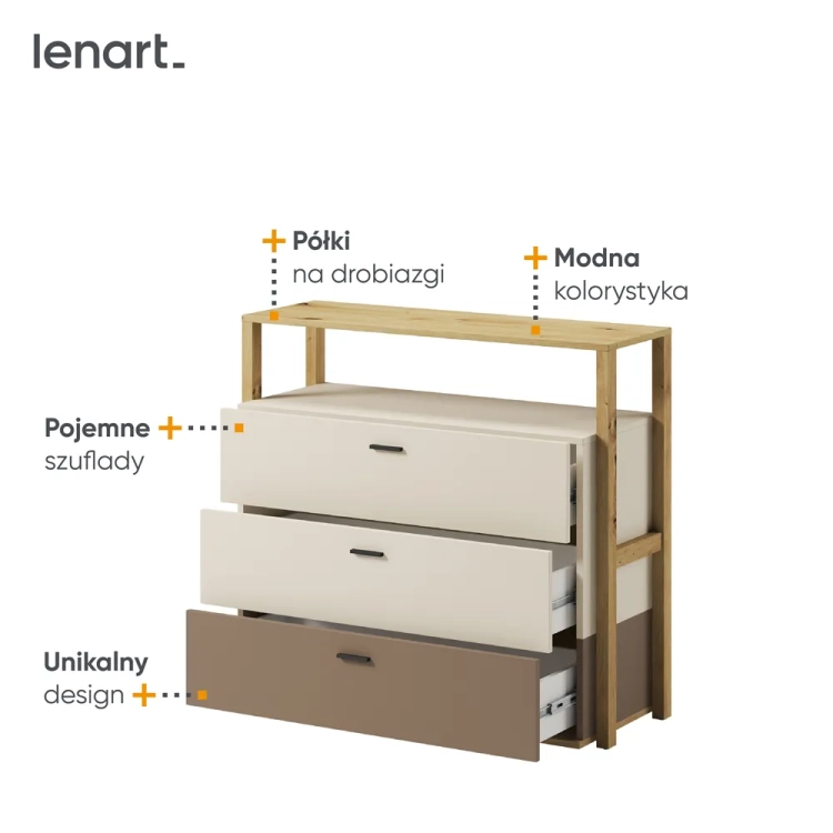 Komoda młodzieżowa Lenny z nadstawką w kolorze beżowym z elementami dębu artisan, trzy szuflady i półka, idealna do pokoju dziecka lub nastolatka.