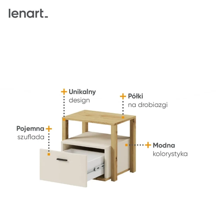 Szafka nocna Lenny w kolorze beżowym z elementami dębu artisan, wyposażona w pojemną szufladę i półkę, idealna do pokoju młodzieżowego lub dziecięcego.