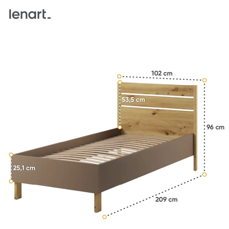Łóżko młodzieżowe Lenny 90x200 cm w kolorach dąb artisan, beż i truflowy, idealne do pokoju dziecka lub nastolatka. Nowoczesny design i opcjonalny tapicerowany zagłówek.