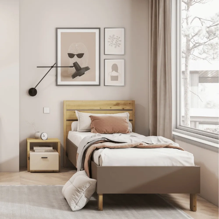 Łóżko młodzieżowe Lenny 90x200 cm w kolorach dąb artisan, beż i truflowy, idealne do pokoju dziecka lub nastolatka. Nowoczesny design i opcjonalny tapicerowany zagłówek.