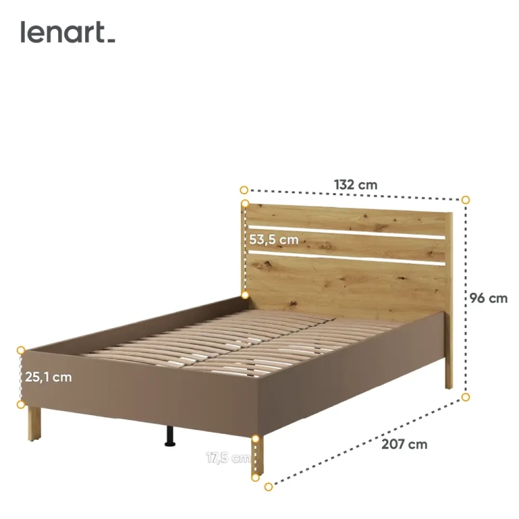 Łóżko młodzieżowe Lenny 120x200 cm w kolorach dąb artisan, beż i truflowy, z opcją tapicerowanego zagłówka. Idealne do pokoju dziecka lub nastolatka, nowoczesny design i komfort w jednym.