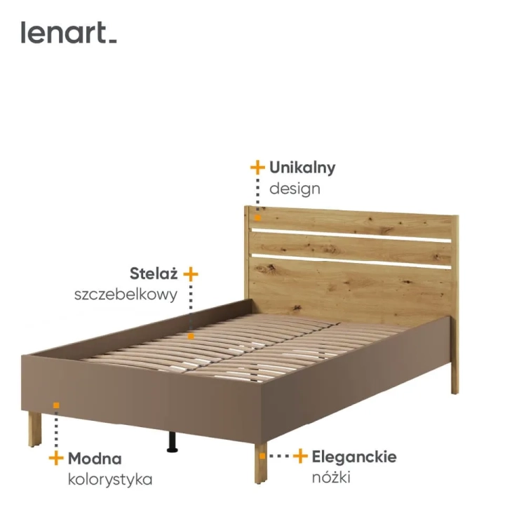 Łóżko młodzieżowe Lenny 120x200 cm w kolorach dąb artisan, beż i truflowy, z opcją tapicerowanego zagłówka. Idealne do pokoju dziecka lub nastolatka, nowoczesny design i komfort w jednym.