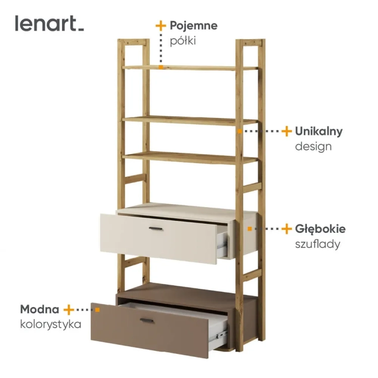 Szeroki regał młodzieżowy Lenny w kolorach dąb artisan, beż i truflowy. Pojemny mebel z pięcioma półkami i dwoma szufladami, idealny do pokoju dziecka lub nastolatka.